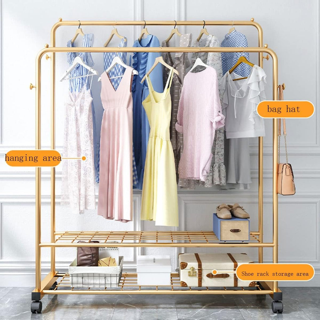 Clothing Rack Rolling Clothes Rack on Wheels Double Rods Garment Rack with 2-Tier Shelves Can Storage Clothes Shoes Baskets Boots and Bags Umbrellas/Gold/120Cm (Gold 100Cm)
