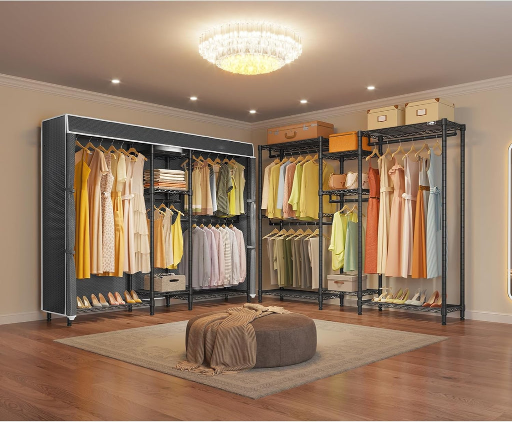VIPEK Classic V6C Heavy Duty 5 Tiers Wire Garment Rack Large Size Wardrobe Closet Black Metal Clothing With Oxford Fabric Cover, 70.1' L x 17.3' W x 76.4' H, Max Load 870 LBS