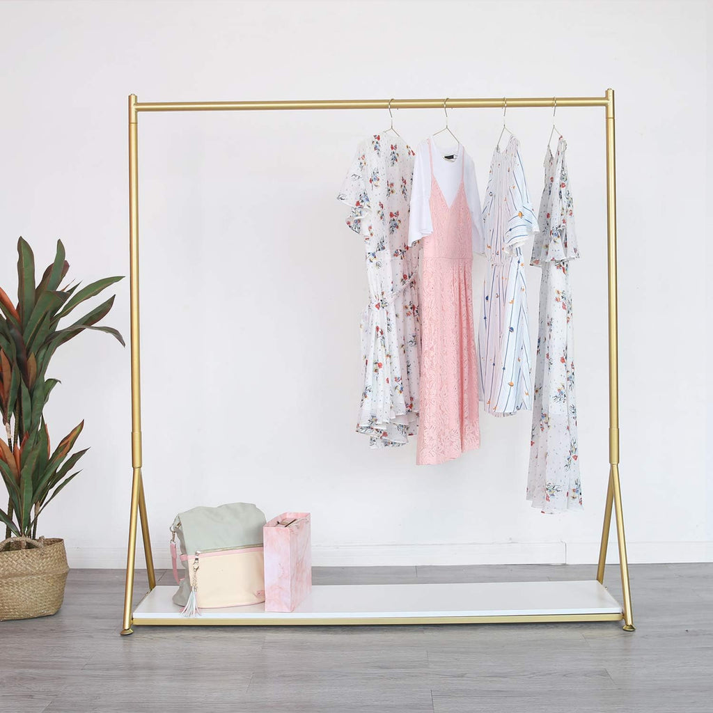 HOMEKAYT Gold Clothing Rack with Shelf Heavy Duty Gold Garment Rack Gold Glothes Rack Modern Display Rack for Home, Boutique,Retail - 59''L