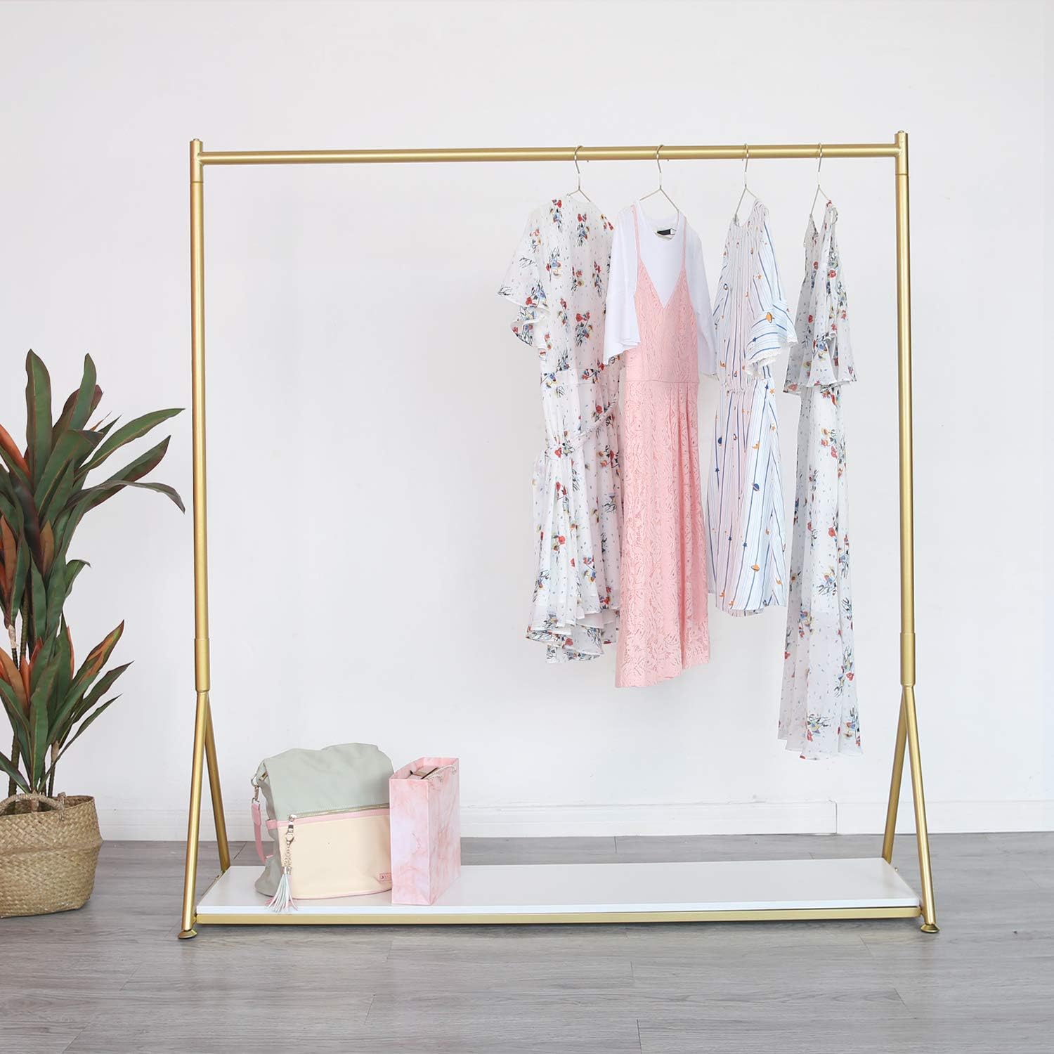 HOMEKAYT Gold Clothing Rack with Shelf Heavy Duty Gold Garment Rack Gold Glothes Rack Modern Display Rack for Home, Boutique,Retail - 59''L
