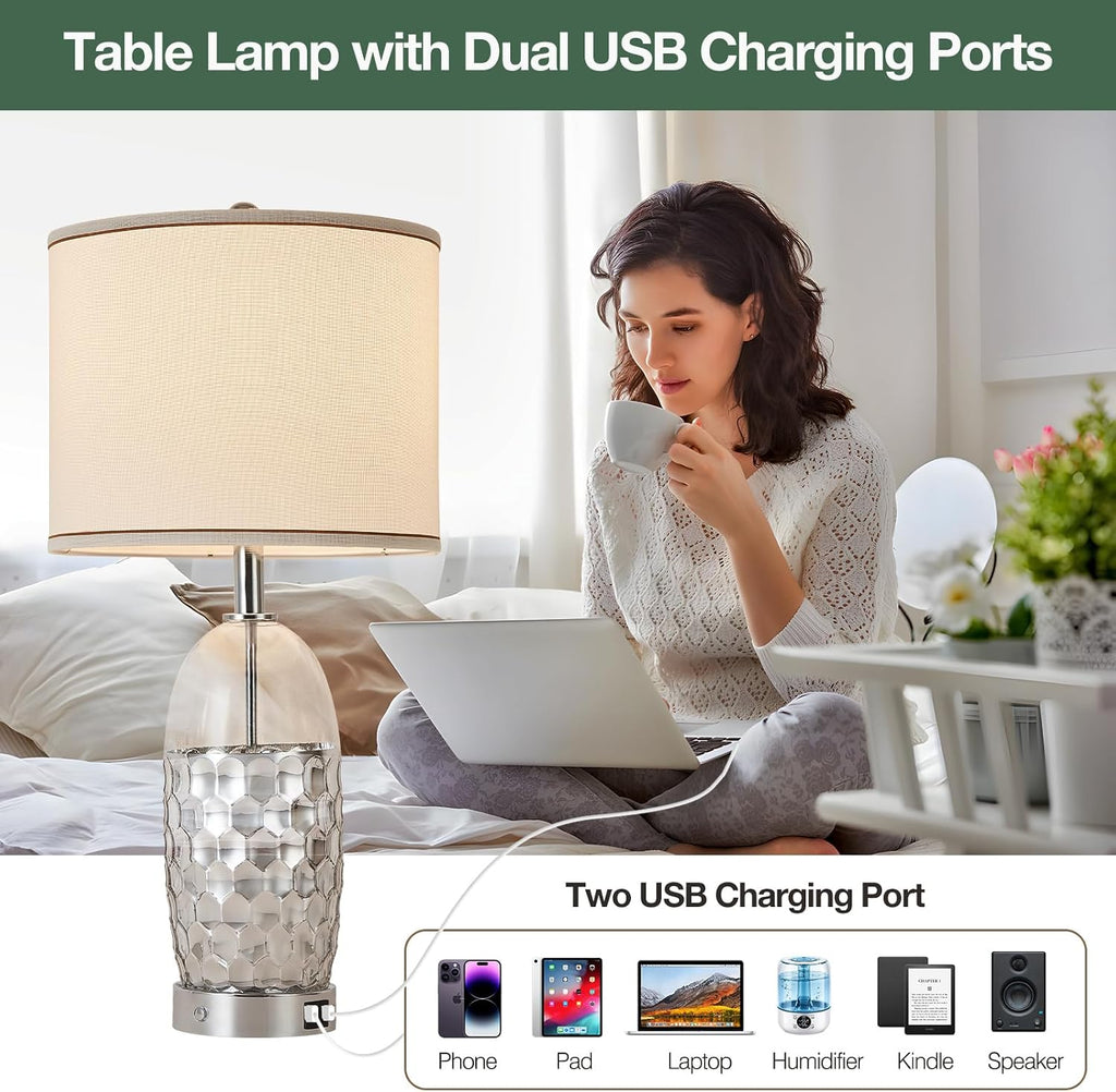 Modern Glass Table Lamps, 3-Way Dimmable Touch Control Bedroom Lamps for Nightstands，Bedside Lamps Set of 2 with USB A+C Ports,Living Room，Home，Office with Linen Shade (Bulbs Included)