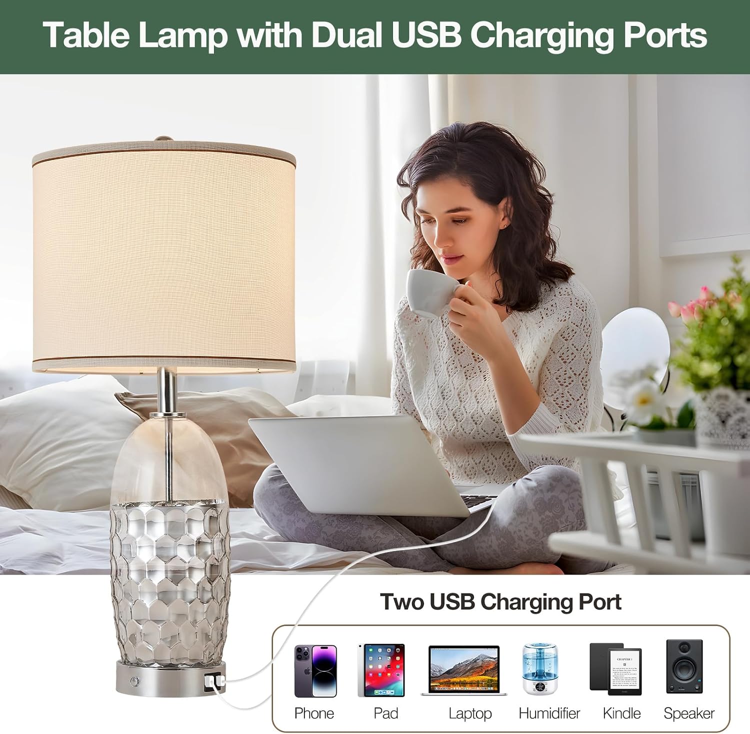 Modern Glass Table Lamps, 3-Way Dimmable Touch Control Bedroom Lamps for Nightstands，Bedside Lamps Set of 2 with USB A+C Ports,Living Room，Home，Office with Linen Shade (Bulbs Included)