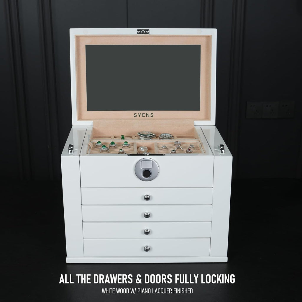 White Wood Jewelry Box, Large Size, Fingerprint Unlock, Seven Level Jewelry Organizer with Necklace Hanger and Mirror, High Gloss Lacquer Finish (5L-WT)