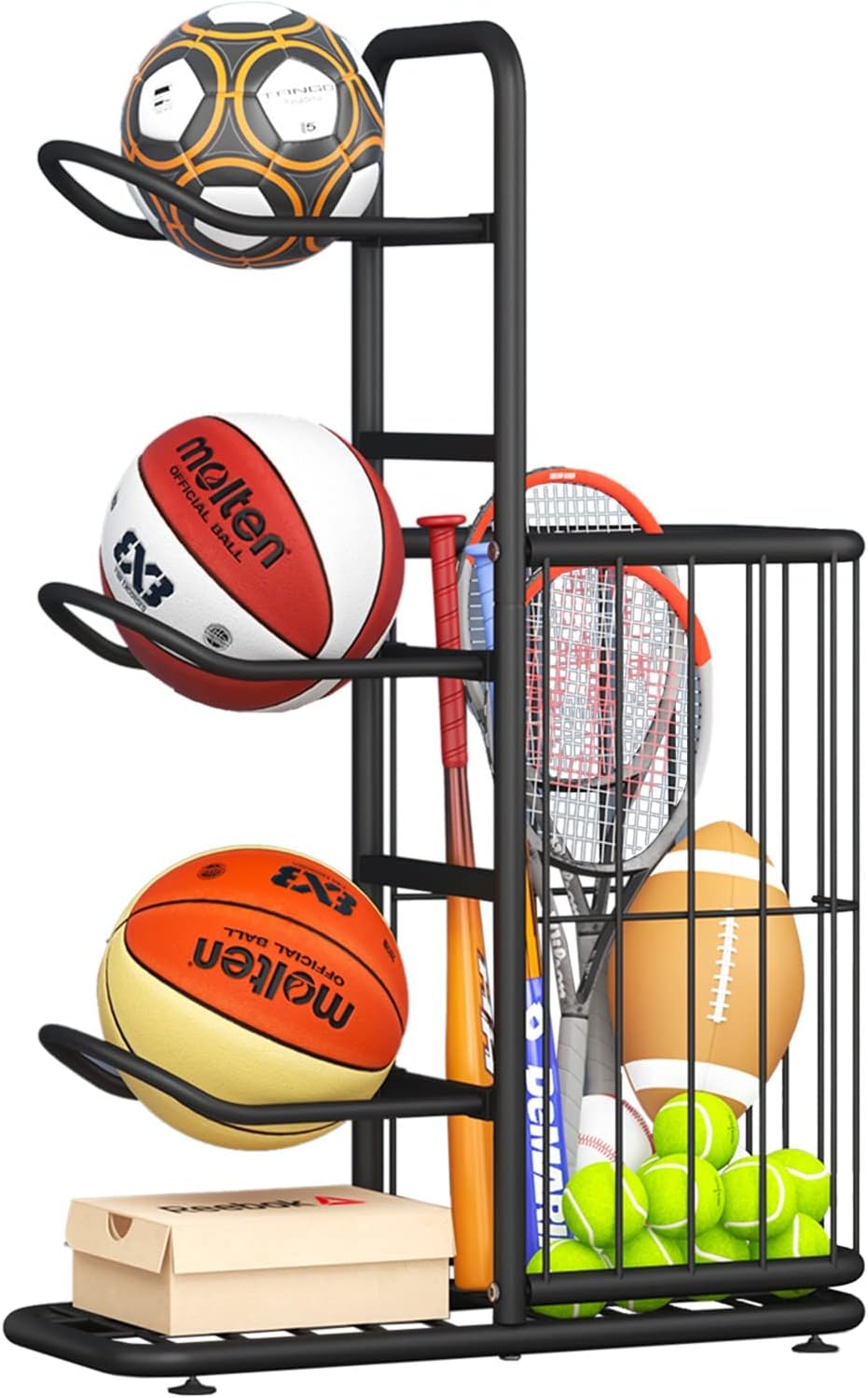 Basketball Ball Storage Rack Ball Storage Display Rack Floor Stand, Vertical Standing Metal Sport Ball Organizer Holder, Basketball Football Volleyball Storage Display