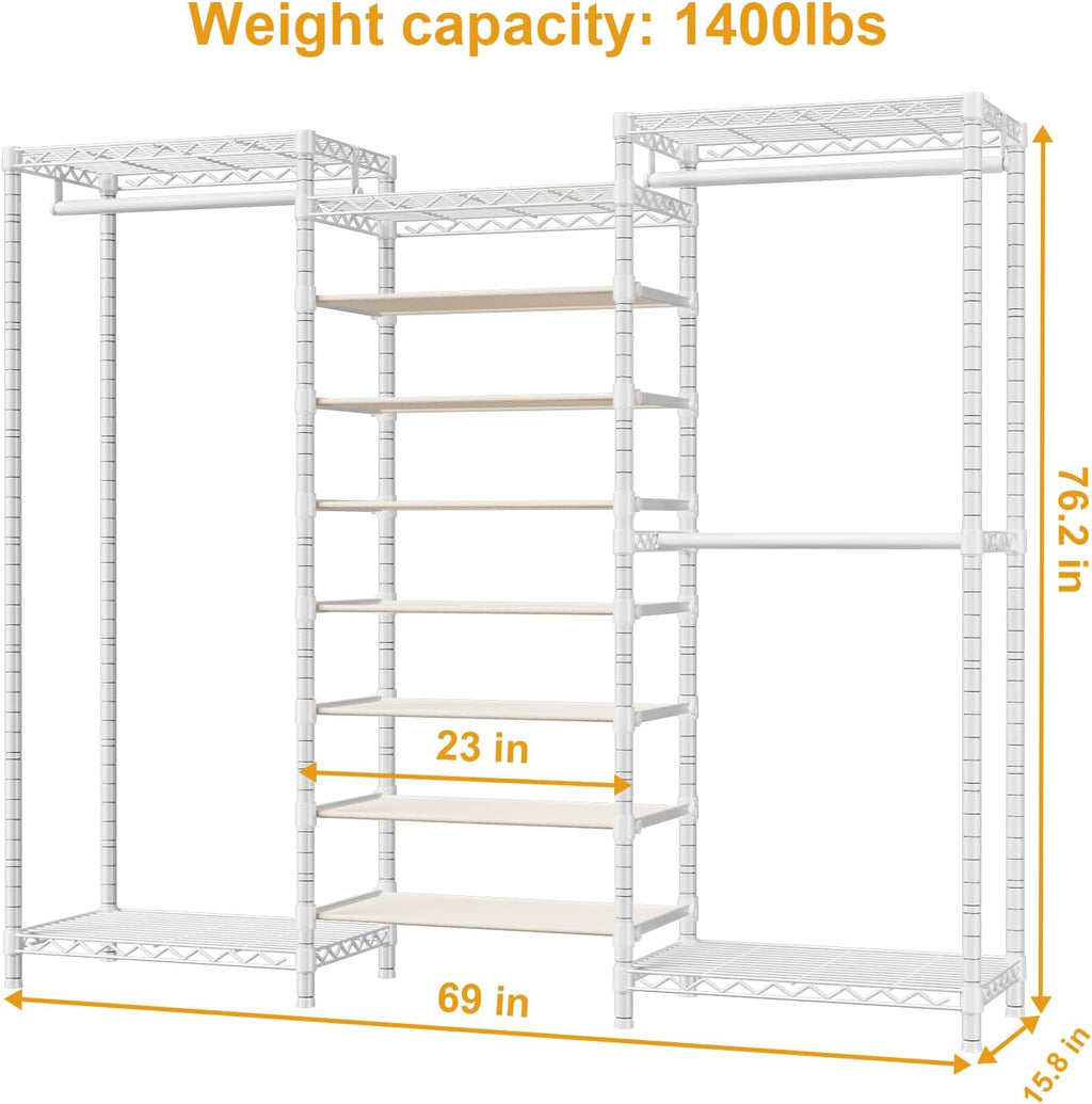 ULIFHOME E16 Heavy Duty Clothing Rack（With 7-Tier Adjustable Shoe Rack） Freestanding Clothes Rack for Hanging Clothes，Metal Closet Storage Organizer Large Wardrobe，69'' W x 15.8'' D x 76.2'' H，White
