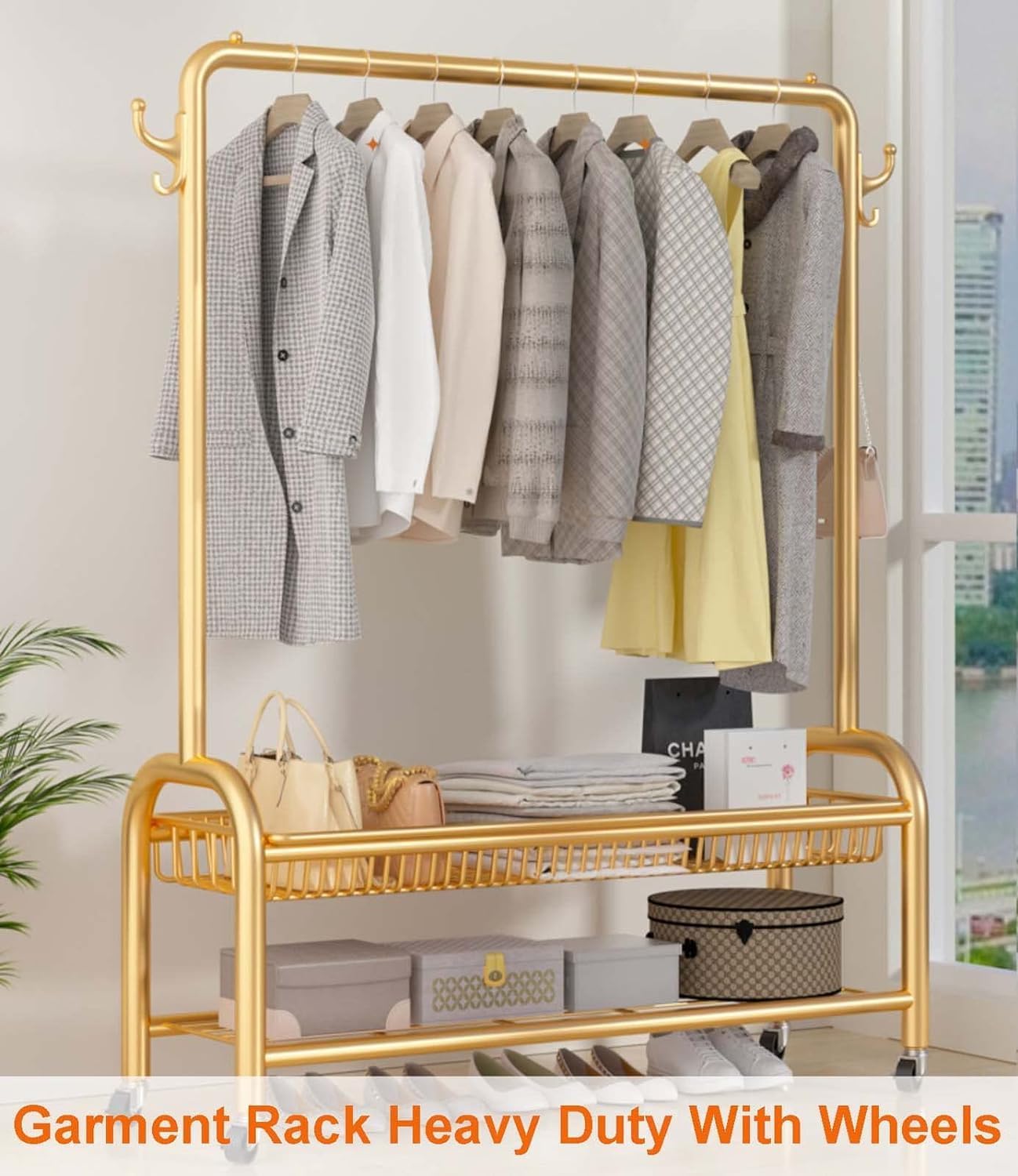 Clothes Rack On Wheels 24x14x61 in, Clothing Rack with Bottom Mesh Storage Shelf, Modern Simple Heavy Duty Metal Rolling Garment Rack with Wheel, Metal Coat Wardrobe Rack
