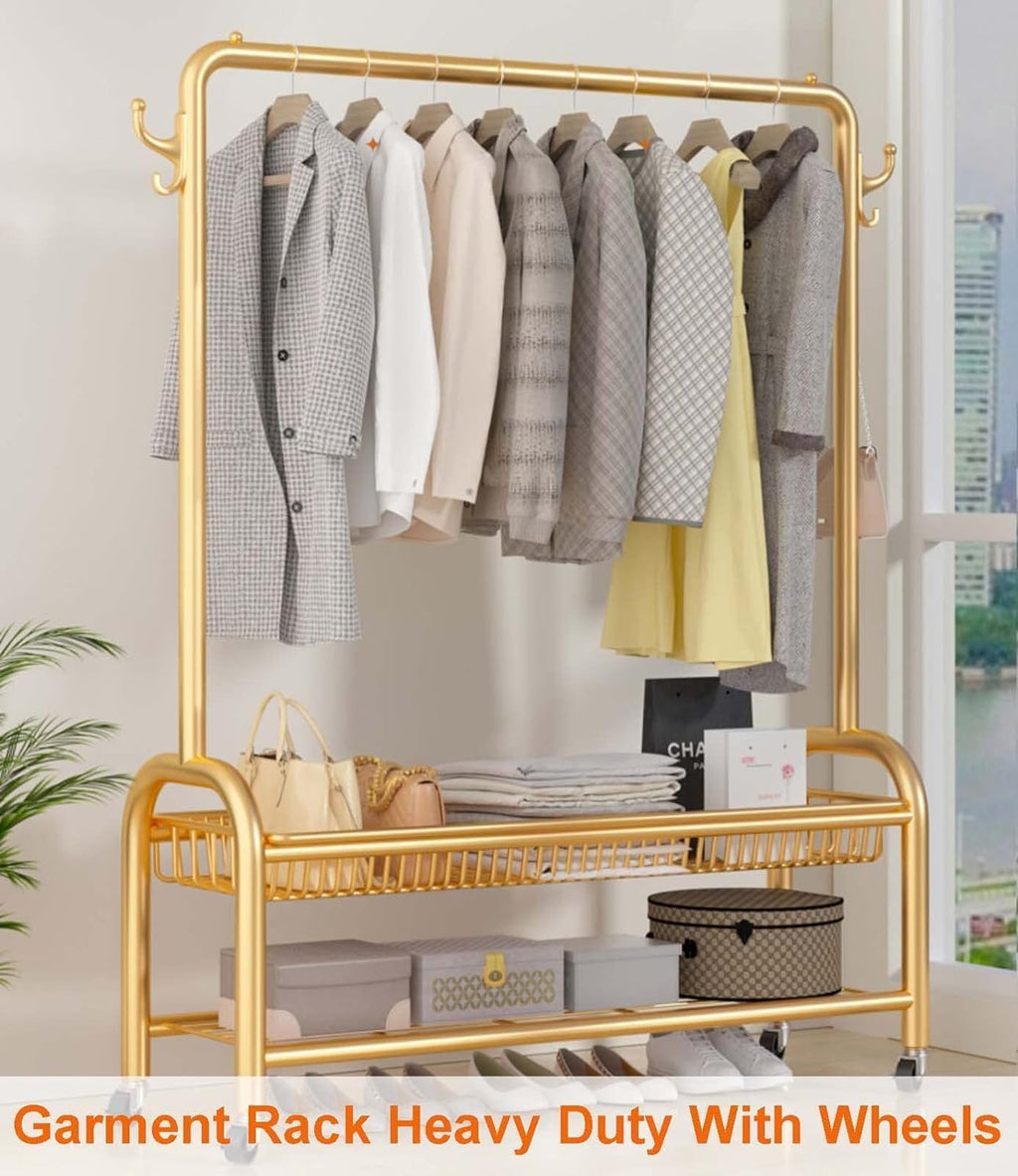 Clothes Rack On Wheels 31x14x61 in, Clothing Rack with Bottom Mesh Storage Shelf, Modern Simple Heavy Duty Metal Rolling Garment Rack with Wheel, Metal Coat Wardrobe Rack