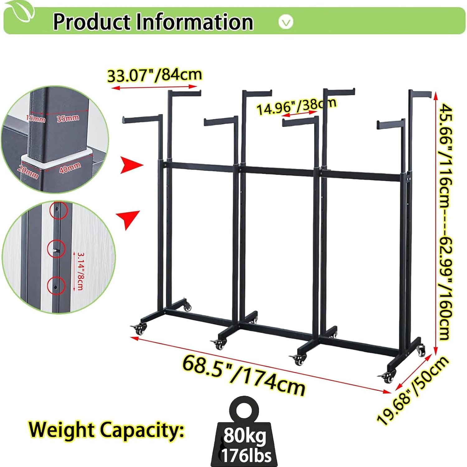 Floor Standing Metal Garment Rack - Heavy Retail Display Racks With Wheels, 8 Arms Clothing Rack, Square Tubing Portable Shirt Rack, Merchandise Display RackFor Hanging Clothes (L-White)