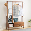Bamboo Garment Rack with Mirror&Drawers, Freestanding Wooden Clothes Hanger with Hooks, Heavy Duty Coat Rack with Shelves, Multifunctional Open Wardrobe Closet Organizer for Entryway Bedroom (B)