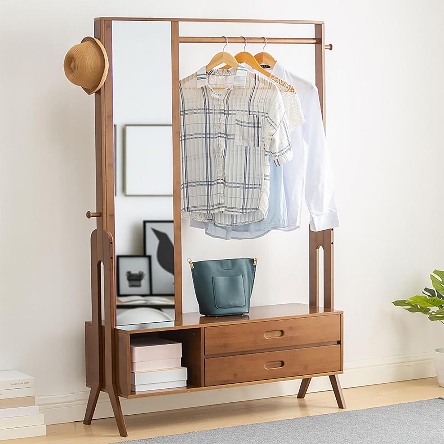Bamboo Garment Rack with Mirror and Drawer,Floor Standing Closet Organizers,Coat Rack,Open Wardrobe for Entryway Bedroom Livingroom