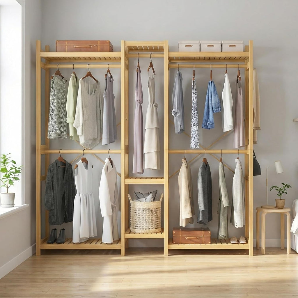 Homykic Bamboo Closet System, Large Clothing Rack for Hanging Clothes, Freestanding Clothes Rack with 7 Shelves & 5 Hanging Rods, Open Wardrobe Closet Organizer Garment Rack with 4 Hooks