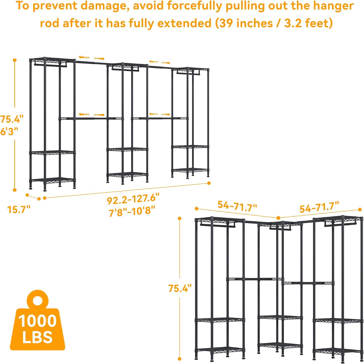 Higeego H11 Large Clothing Rack for Hanging Clothes Heavy Duty Garment Rack, Freestanding Wardrobe Closet Organizer and Storage with Expandable Hanger Rods, Extendable from 7.8 to 10.8 ft, Black
