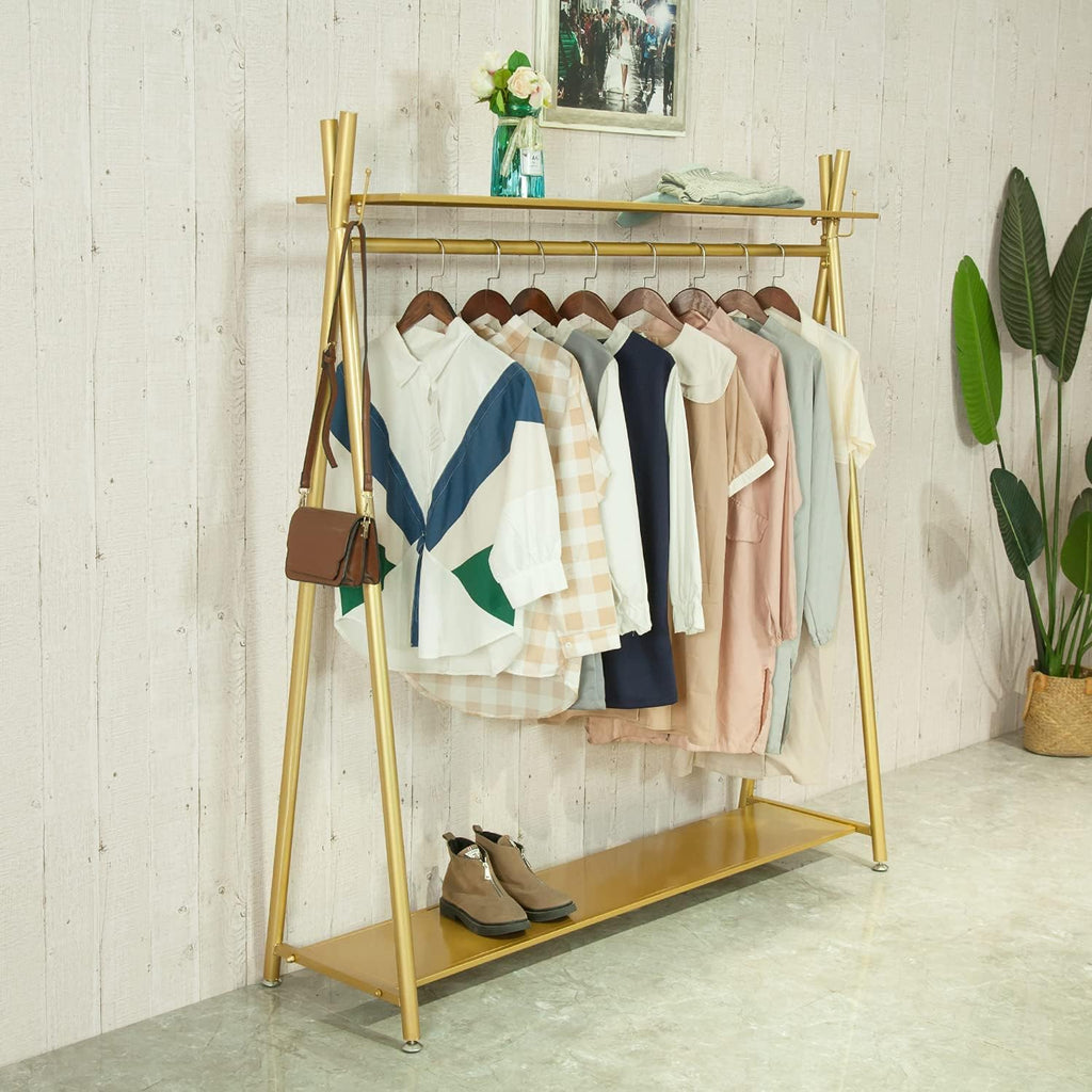 Clothes rack Gold, Freestanding Industrial Garment Rack with Double shelves Multi-functional Bedroom Hanging Clothing Rack,Heavy Duty Coat Rack Organizer for Bedroom Shoes 1 pack (39'' L)