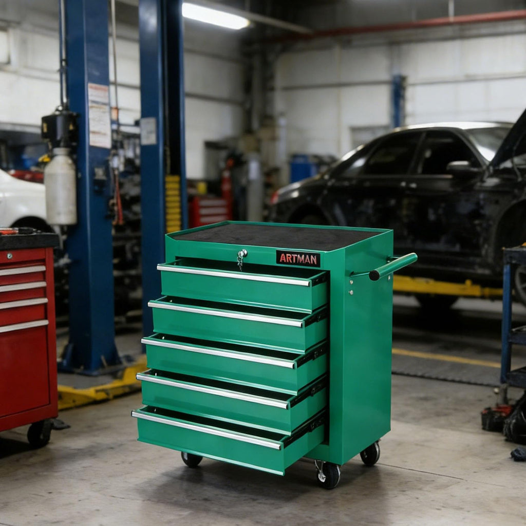 5-Drawer Tool Cart on Wheels, Drawers Rolling Tool Chest with Key Lock, Mobile Trolley Organizer Tools Box with Locking Wheels & Ball Bearing Drawers for Garage,Warehouse,Repair Shop (Green)