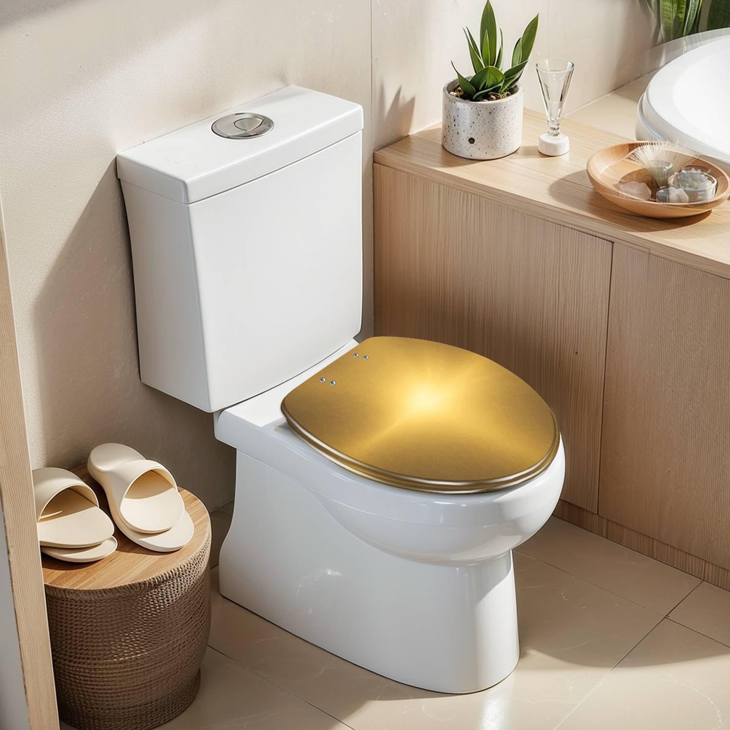 Elongated Toilet Seat Shiny brushed gold color metal Resin Toilet Seat Quietly Slow Close with Quick-Release Hinges Toilet Seat with Cover Easy to Clean Install