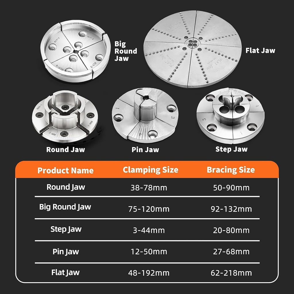 3.75-Inch 4 Jaw Wood Turning Lathe Nickel Plated Chuck and Cutting Jaws Kit with T-Wrench and 6 Corner Star Fasteners 1 Inch x 8TPI