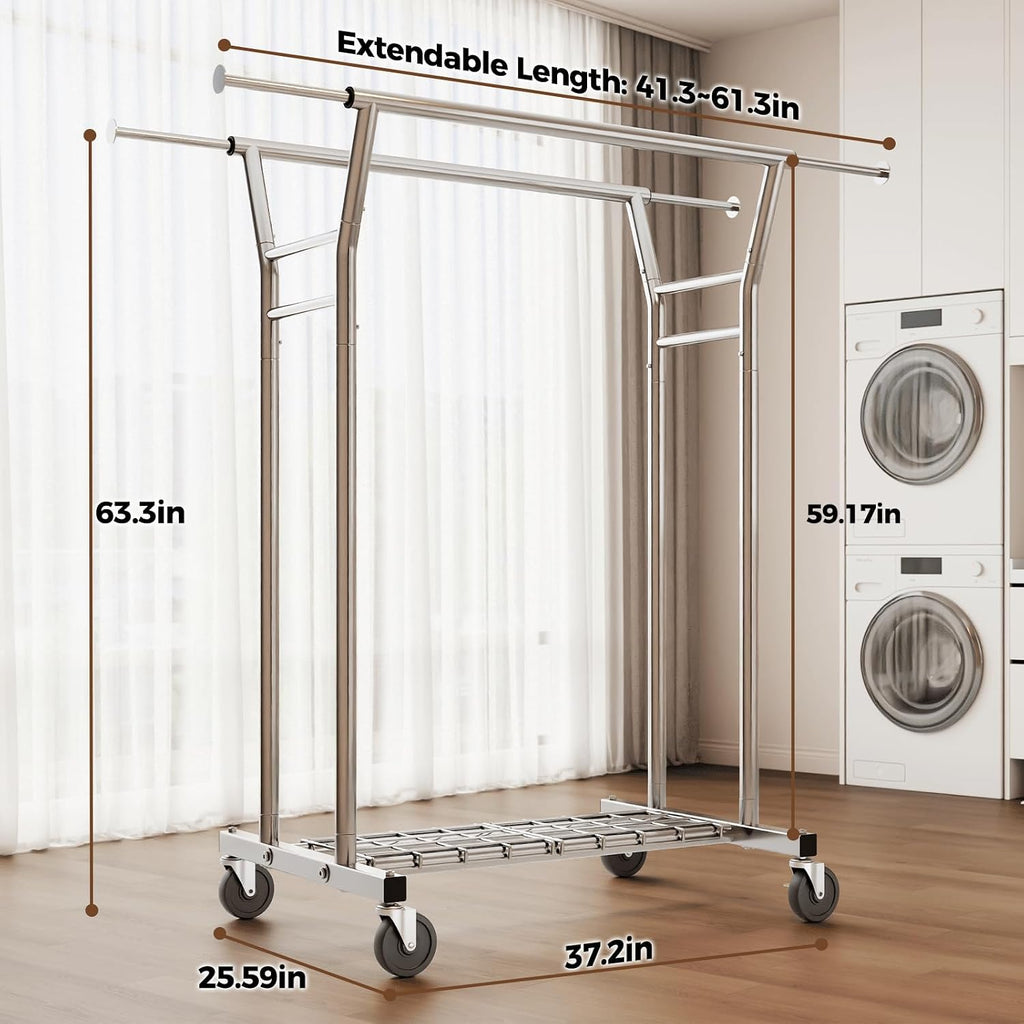 HYSEYY Heavy Duty Clothes Rack, Rolling Clothing Rack for Hanging Clothes with Shelves Load 700LBS,Portable Garment Wardrobe Closet Rack with Wheels for Bedroom,Laundry Room,Retail Store,Silver