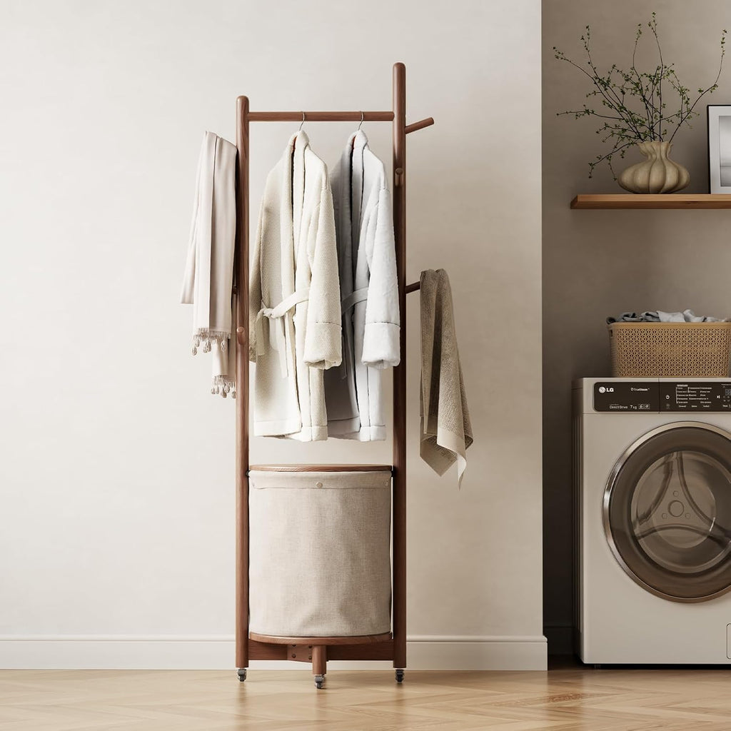 CycleCrew Solid Wood Coat Rack with Fabric Basket - Freestanding Coat Rack Rolling Coat Tree with 9 Hooks Wheels, Small Clothes Rack For Entryway Bedroom Hallway Living Room