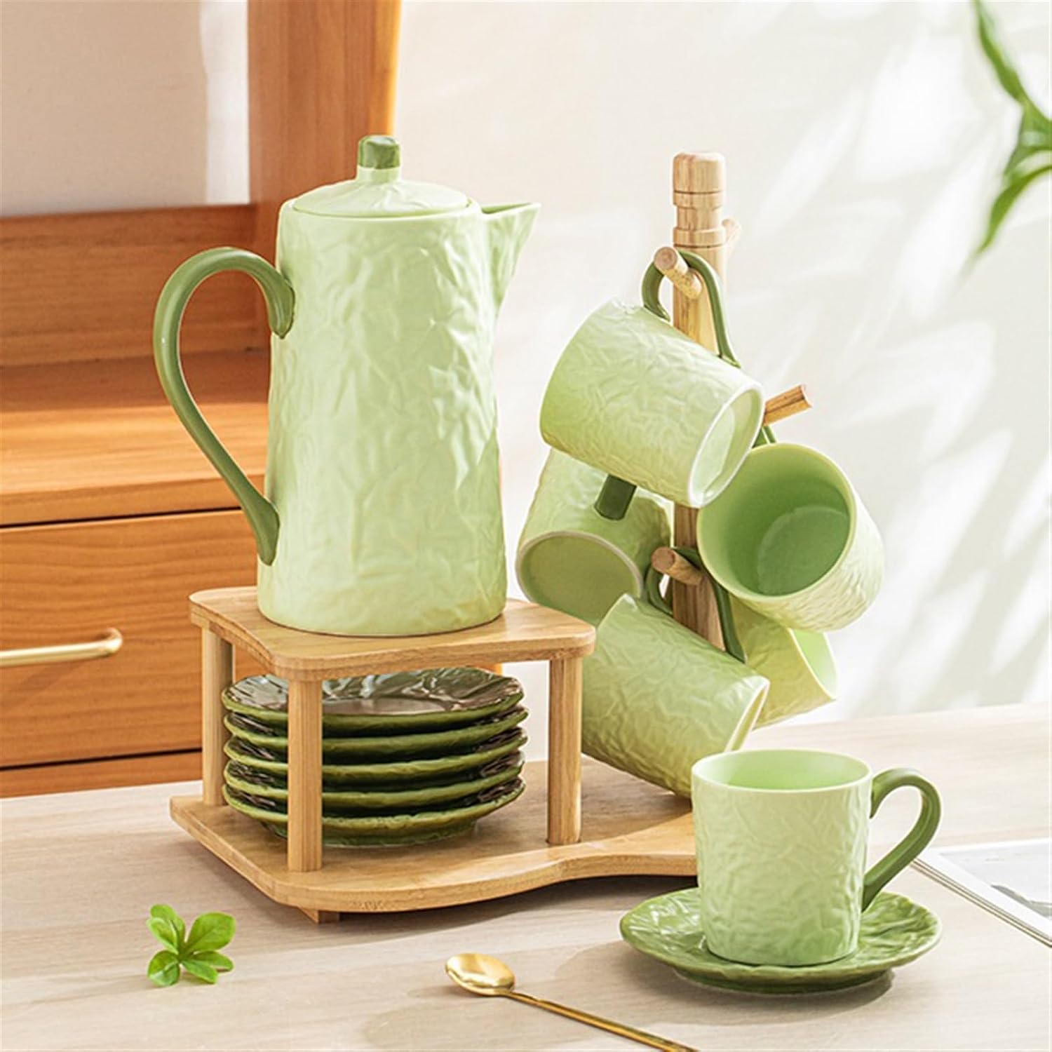 Beverage Serveware Ceramic water cup water set gift box tea cup tea set living room cold kettle flower tea set home coffee set Water Carafe(Green)