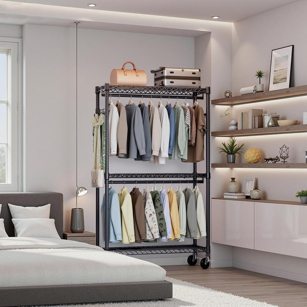 3-Tier High-Strength Rolling Garment Rack Adjustable Wire Shelving Clothing Closet Storage with 2 Hanging Rods Side Hooks Wheels Black 15.7' D x 45.3' W x 79.6' H