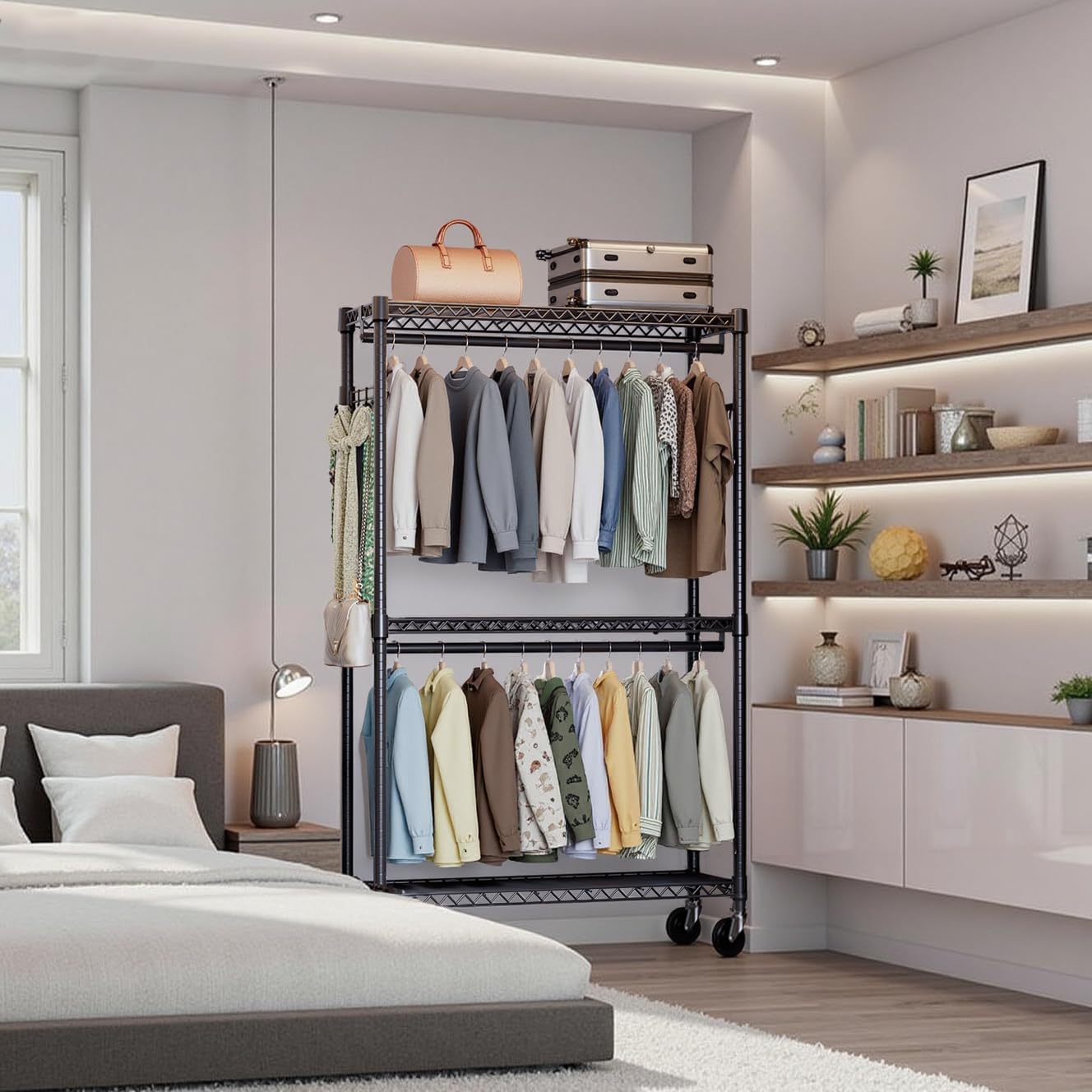 3-Tier High-Strength Rolling Garment Rack Adjustable Wire Shelving Clothing Closet Storage with 2 Hanging Rods Side Hooks Wheels Black 15.7' D x 45.3' W x 79.6' H