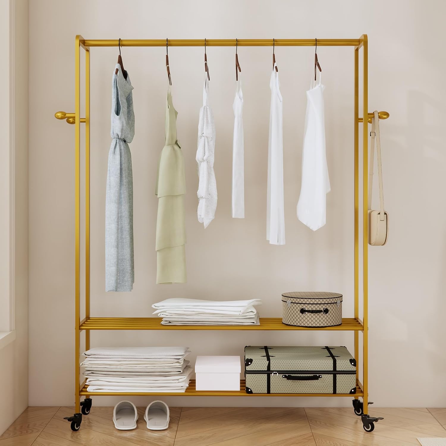 Gold Rolling Garment Rack with Shelves and Hooks,Freestanding Modern Clothing Rack with Wheels,Large Clothes Hanging Rack for Bedroom,Closet,Entryway,Wardrobe,Boutique Display