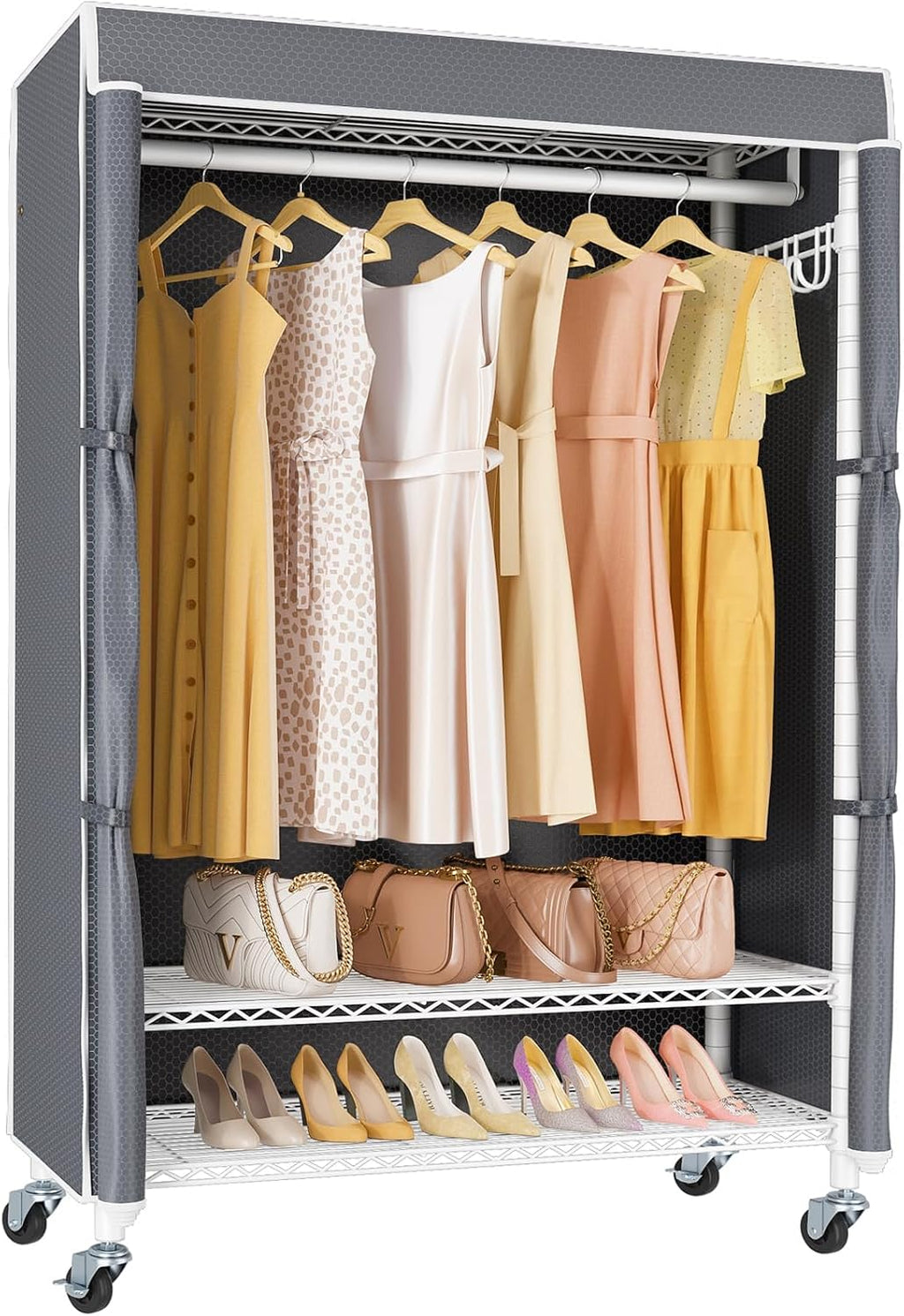 VIPEK R3C Portable Closet with Cover - Heavy Duty Freestanding Clothes Rack with Wheels & Hanging Rod & Side Hooks, 35.4' L x 15.7' W x 72.4' H, White Rack with Grey Upgraded Polyester Cover