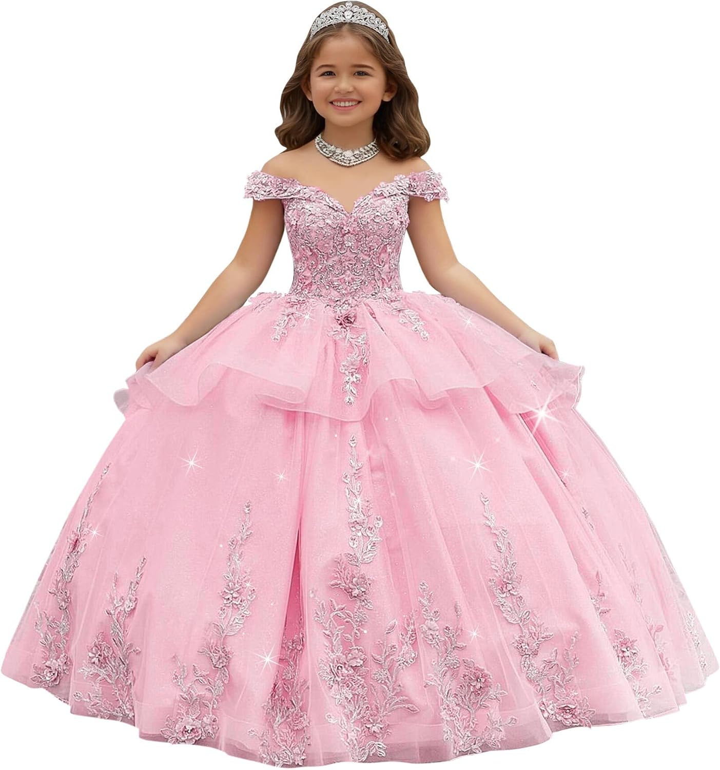 Crystal Lace Applique Flower Girl Dress Layered 3D Floral First Communion Dresses Off Shoulder Girls Pageant Dresses