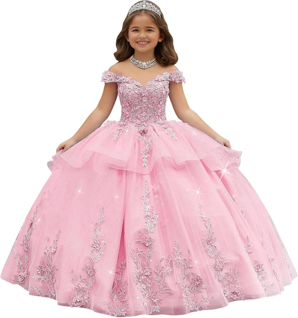 Crystal Lace Applique Flower Girl Dress Layered 3D Floral First Communion Dresses Off Shoulder Girls Pageant Dresses