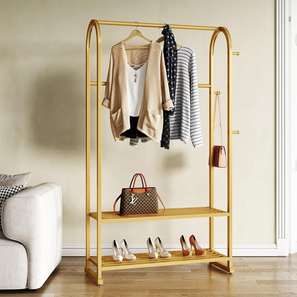 Gold Clothing Rack with 2 Shelves and Side Hooks,Freestanding Metal Garment Rack for Hanging Clothes,Heavy Duty Clothes Rack with Shoe Storage,Modern Clothing Rack for Bedroom,Entryway,Closet