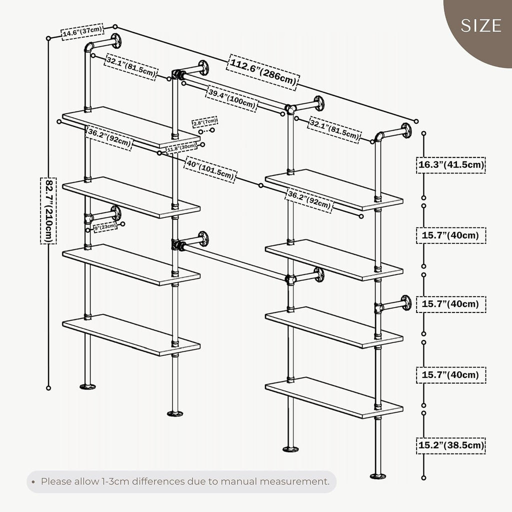Industrial Pipe Clothing Rack Wall Mounted, DIY Custom Closet System with Shelves, Heavy Duty Garment Hanging Rack for Walk in Closet, Laundry Room, Retail Display, 14.6 x 112.6 x 82.7 in, Y03