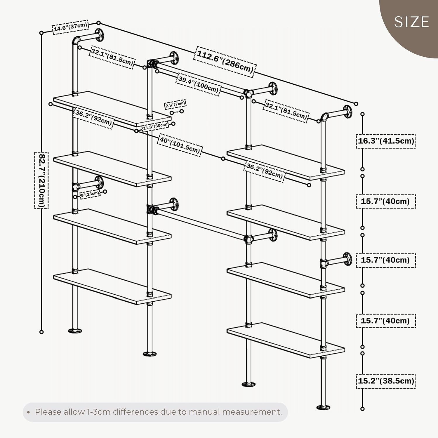 Industrial Pipe Clothing Rack Wall Mounted, DIY Custom Closet System with Shelves, Heavy Duty Garment Hanging Rack for Walk in Closet, Laundry Room, Retail Display, 14.6 x 112.6 x 82.7 in, Y03