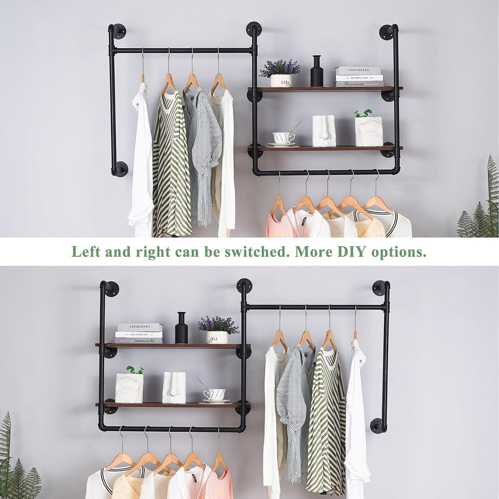 Industrial Pipe Wall-Mounted Clothing Rack with 2 Wood Shelves - Heavy Duty Double Rod Metal Garment Organizer for Bedroom/Retail Stores, Black (30H×12.5D×59W inch)
