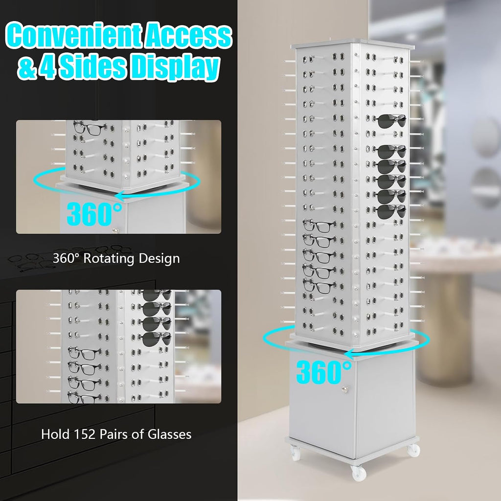 Undercat 152 Pairs Glasses Rack, 360° Rotating Sunglasses Display Rack, Floor-standing Eyeglasses Storage Organizer, Eyewear Holder, Sunglasses Display Stand with Storage Cabinet & Wheels