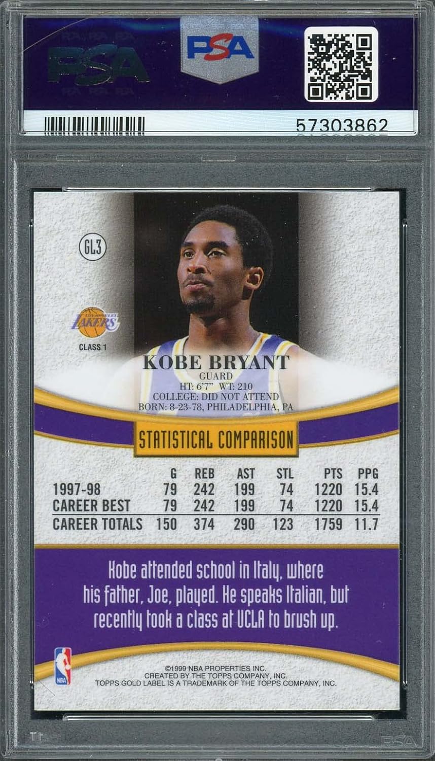 Kobe Bryant 1998 Topps Gold Label Basketball Card #GL3 Graded PSA 8