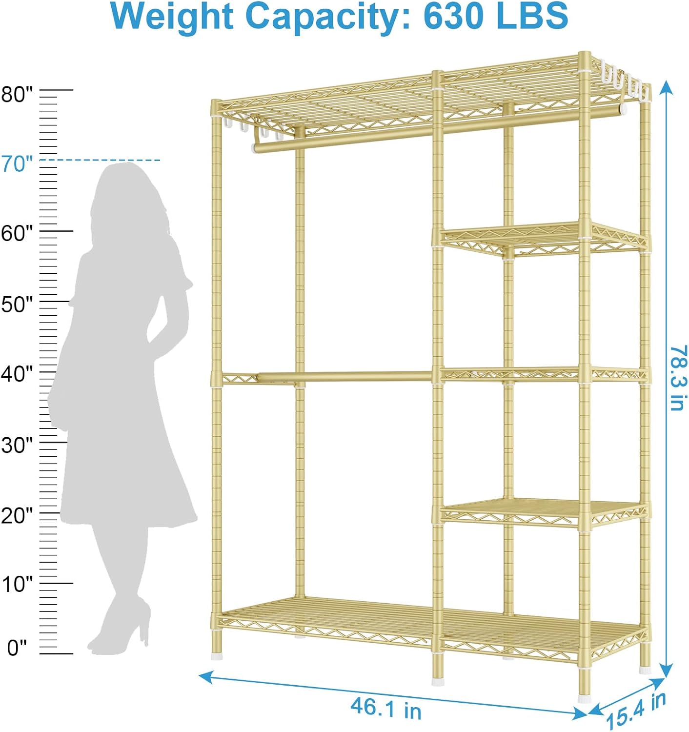 Ulif F2 Clothes Rack, 5 Tiers Heavy Duty Garment Rack for Bedroom, Freestanding Adjustable Closet Storage Organizer, 46.1' W x 15.4' D x 78.3' H, Load 630lbs, Upgraded Gold
