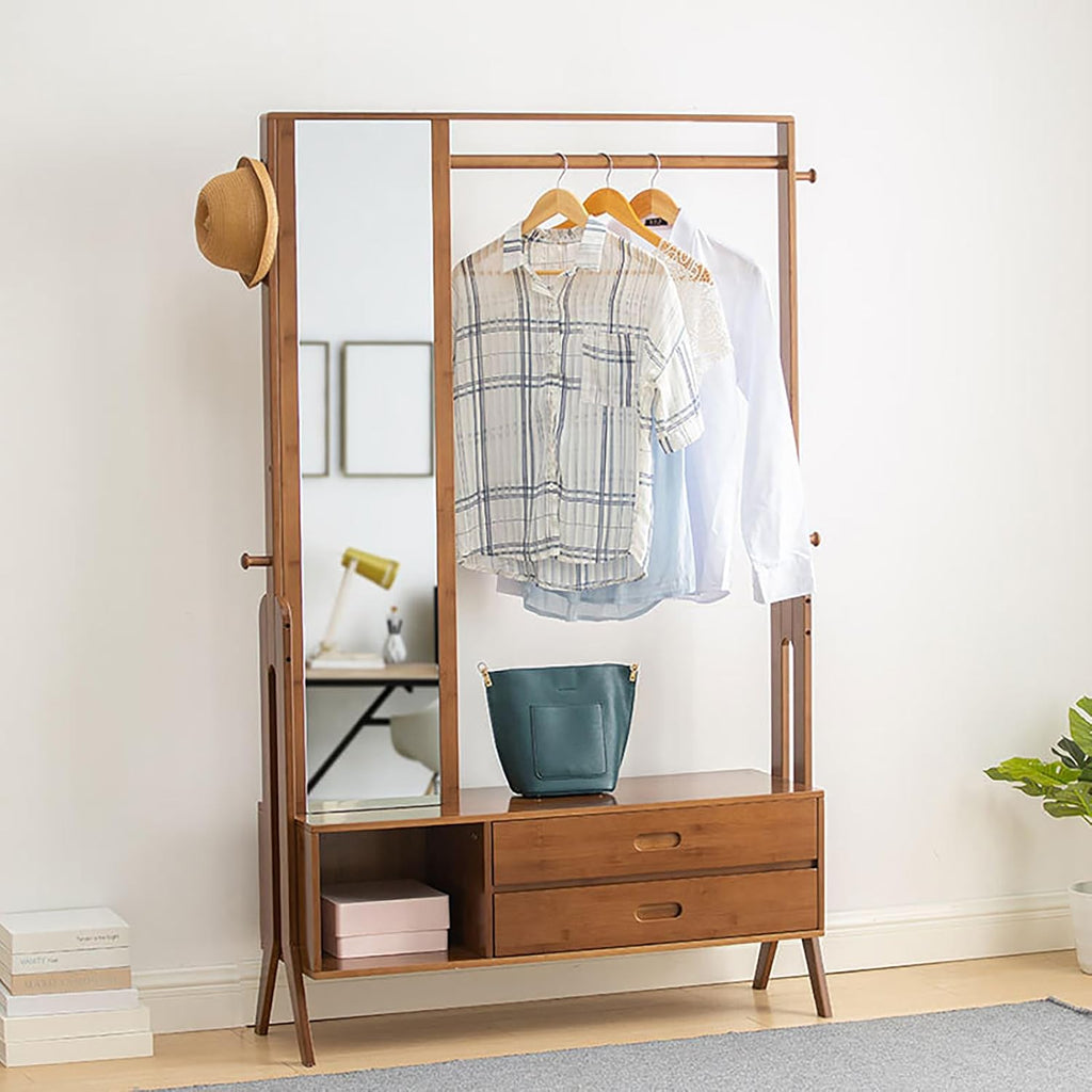 Bamboo Garment Rack with Mirror and Drawer,Floor Standing Closet Organizers,Coat Rack,Open Wardrobe for Entryway Bedroom Livingroom