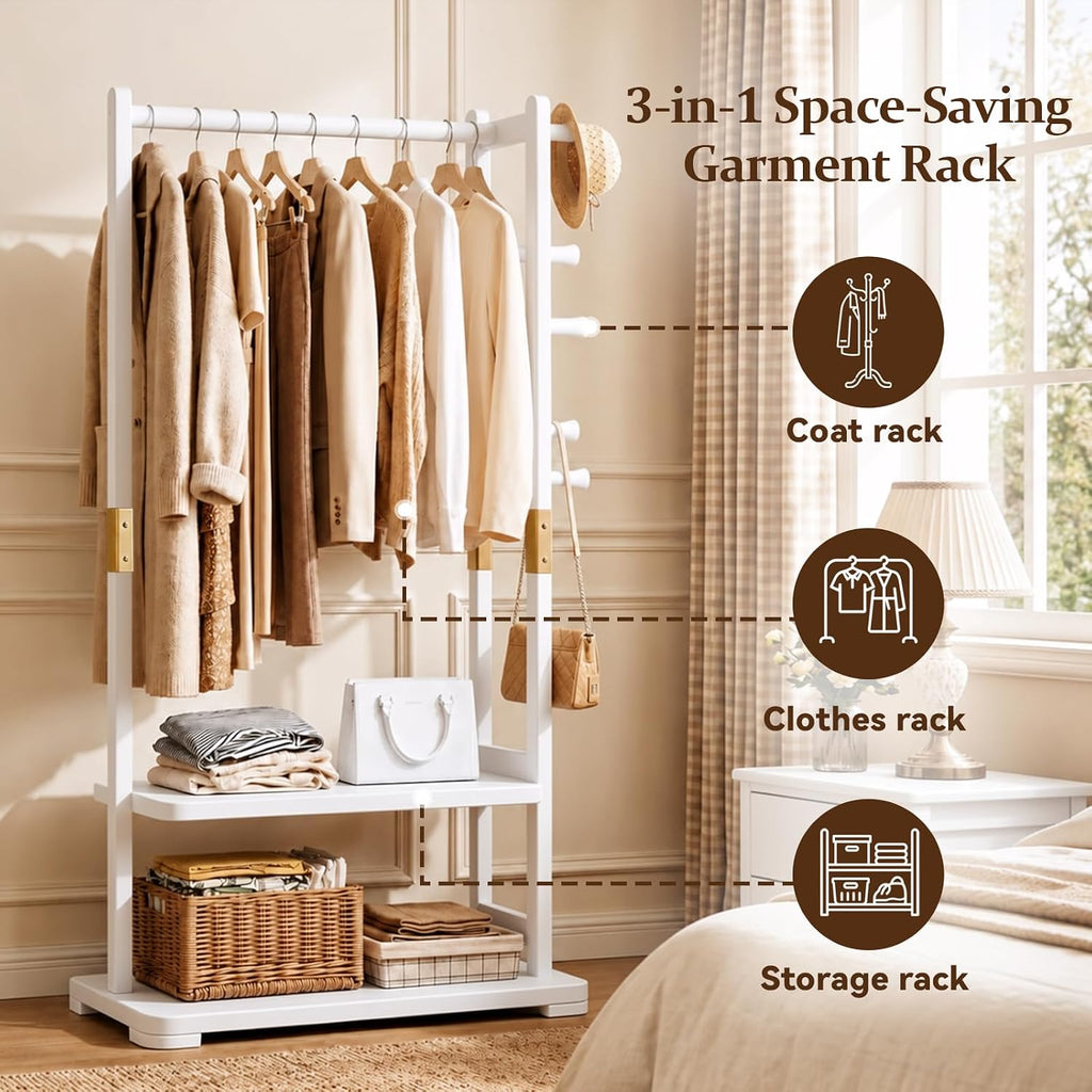 Solid Wood Clothes Rack with 2 Shelves & 4 Hooks for Hanging Clothes Garment Wallets Hats, White Clothing Rack Heavy Duty Coat Rack Freestanding with Storage Hall Tree for Hallway Bedroom Living Room