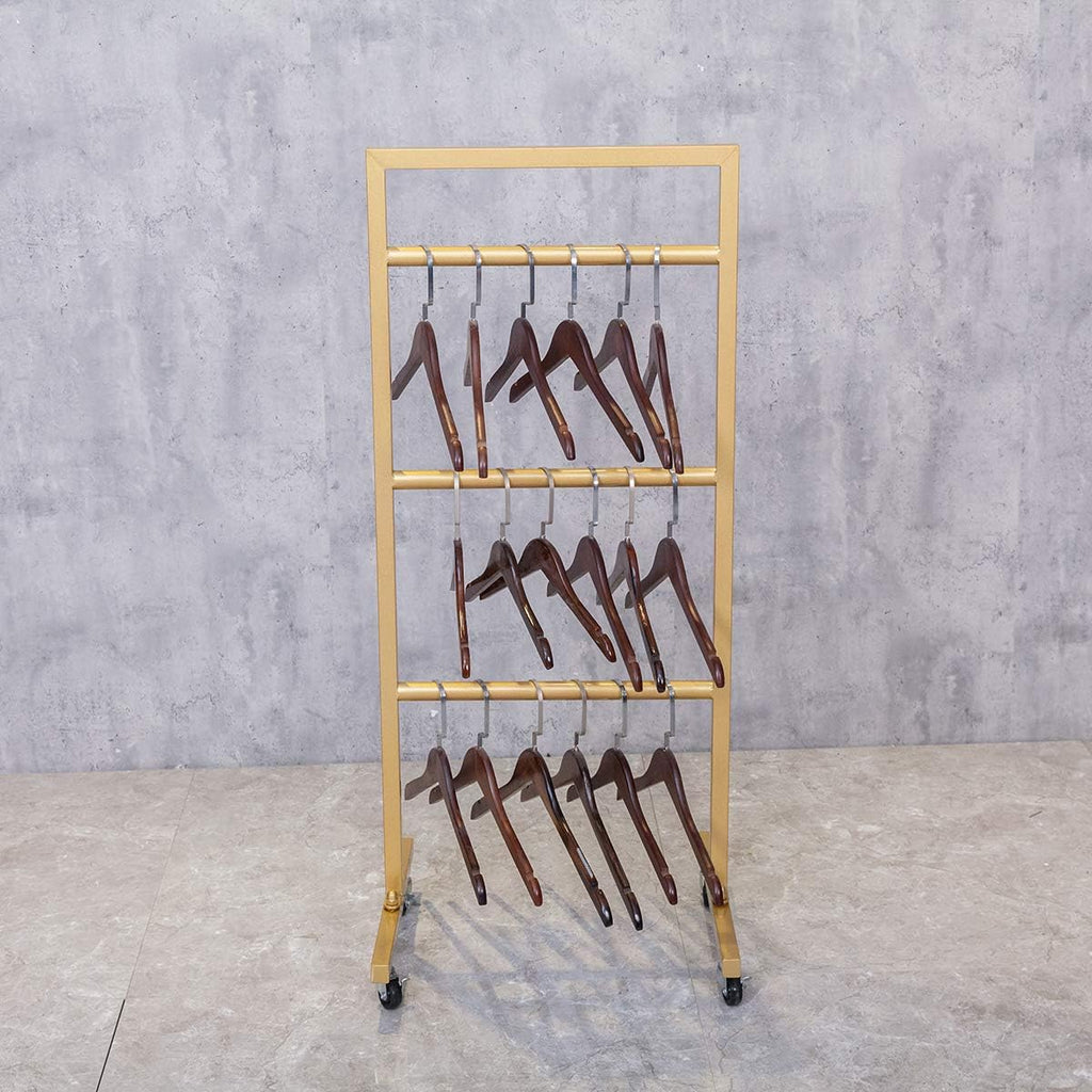 Simple Modern Heavy Duty Metal Rolling Hanger Storage Rack with Wheel,Retail Display Floor-Standing Towel Pants Scarf Organizer Shelves (Gold, 3 Tier)