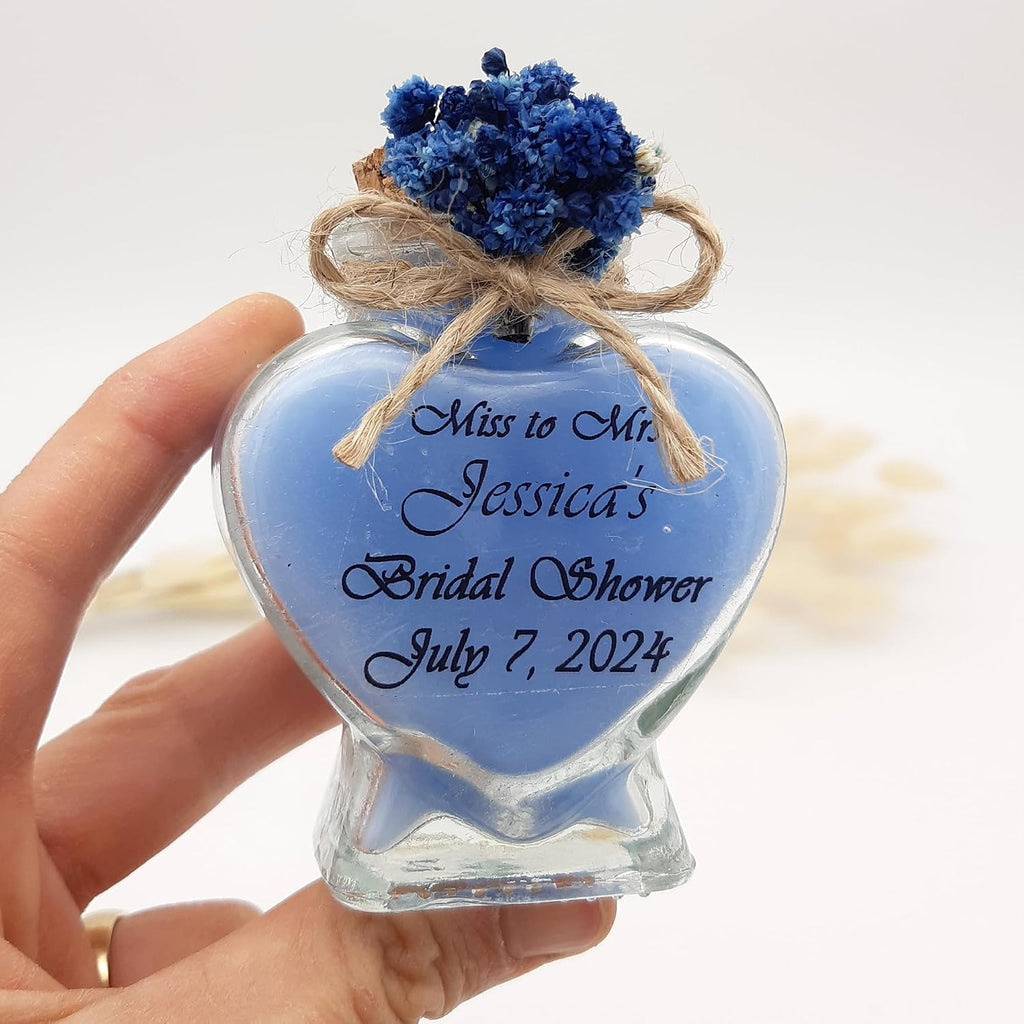 Wedding Favor guest Bulk, Set of Heart Glass Candle Party with custom sticker and dried flowers Bridal Party, Baby shower gifts (Blue Heart Glass, Set of 50)