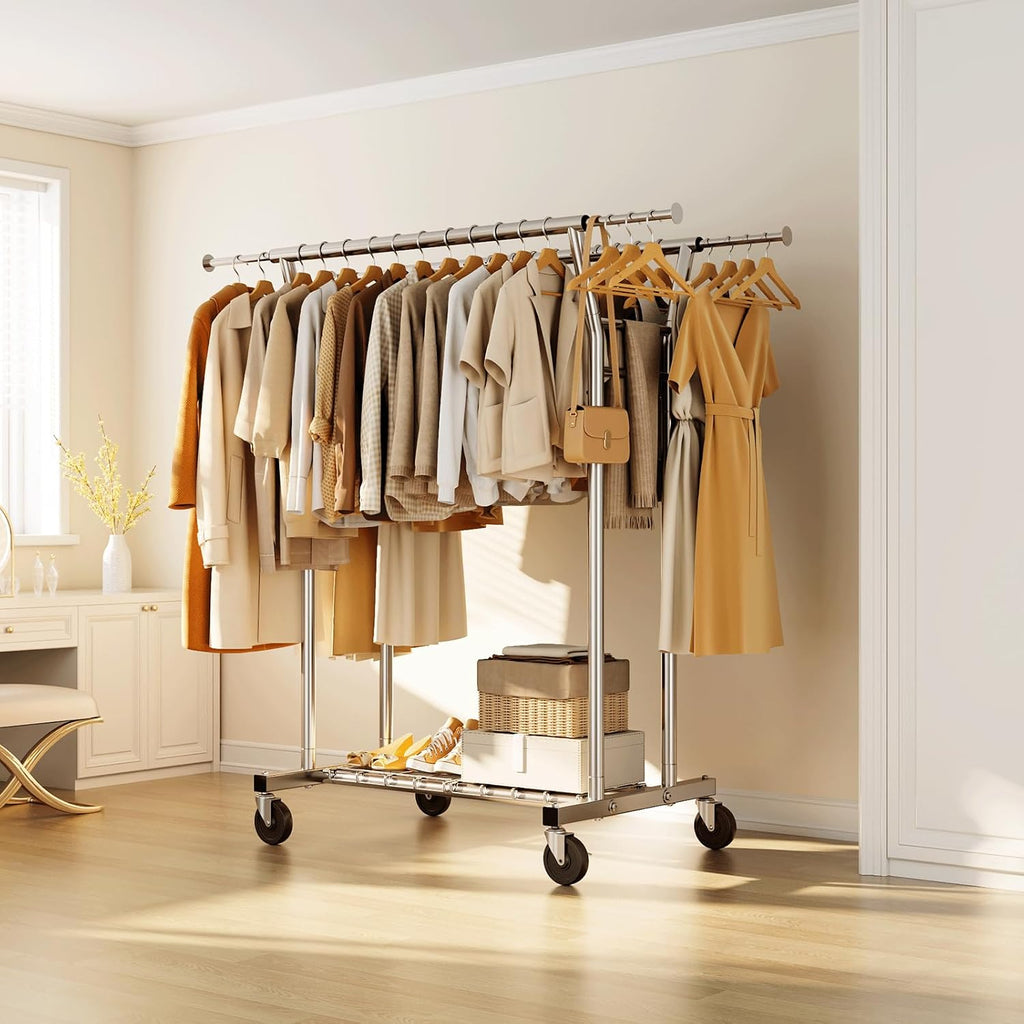HYSEYY Heavy Duty Clothes Rack, Rolling Clothing Rack for Hanging Clothes with Shelves Load 700LBS,Portable Garment Wardrobe Closet Rack with Wheels for Bedroom,Laundry Room,Retail Store,Silver