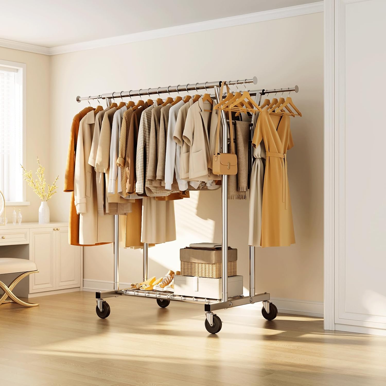 HYSEYY Heavy Duty Clothes Rack, Rolling Clothing Rack for Hanging Clothes with Shelves Load 700LBS,Portable Garment Wardrobe Closet Rack with Wheels for Bedroom,Laundry Room,Retail Store,Silver