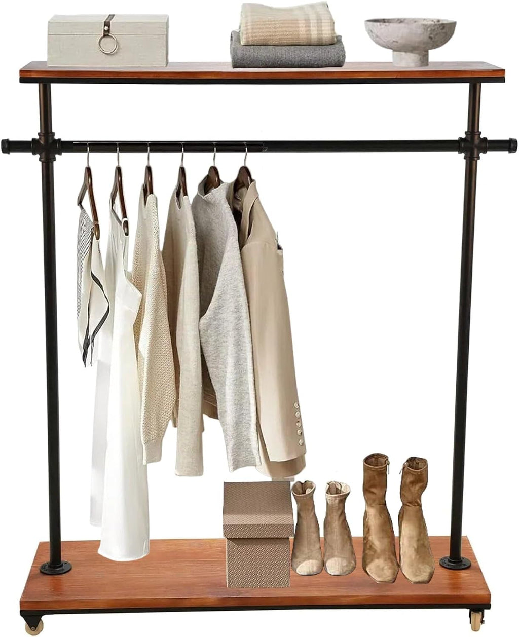 Industrial Pipe Clothing Rack, Pine Wood Shelving, Shoes Rack with Wheels, Cloth Hanger, Household Shoe Rack, Pipe Shelf, Garment Racks