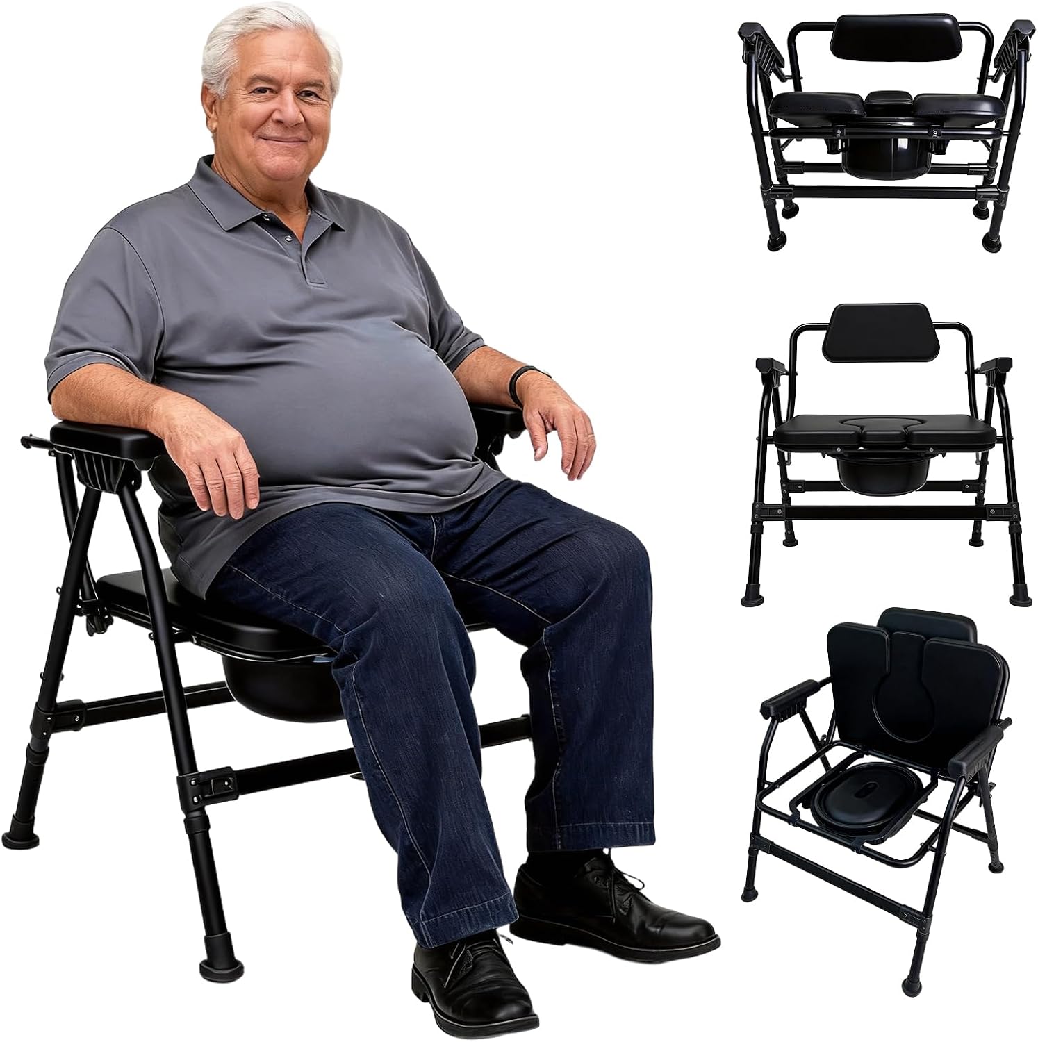 Heavy-Duty Large Bone Bedside Commode, 800lbs Weight Capacity & Extra-Wide Padded Seat, Adjustable Height Folding Toilet Chair for Seniors,Disabled, Patient Home Care(Black)