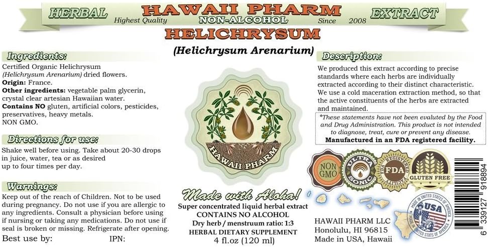 Helichrysum Alcohol-Free Liquid Extract, Helichrysum (Helichrysum Arenarium) Dried Flower Glycerite Hawaii Pharm Natural Herbal Supplement 64 oz
