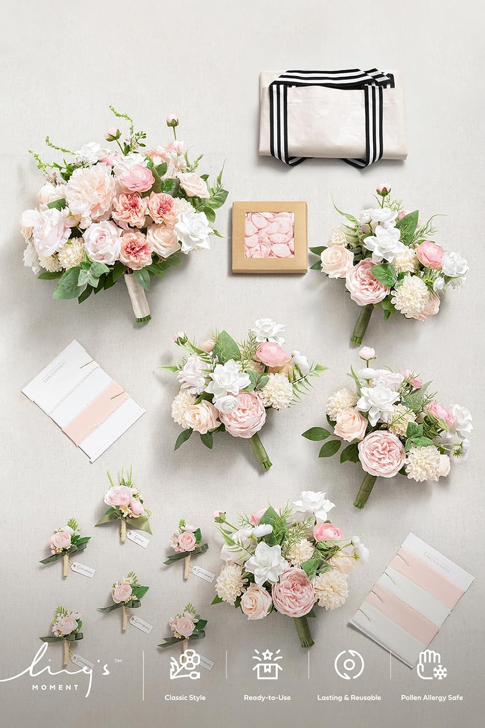 Ling's moment Wedding Artificial Flowers Package, Bridal Bouquet, Bridesmaid Bouquets, Boutonniere for Men, Rose Petals.Blush Pink
