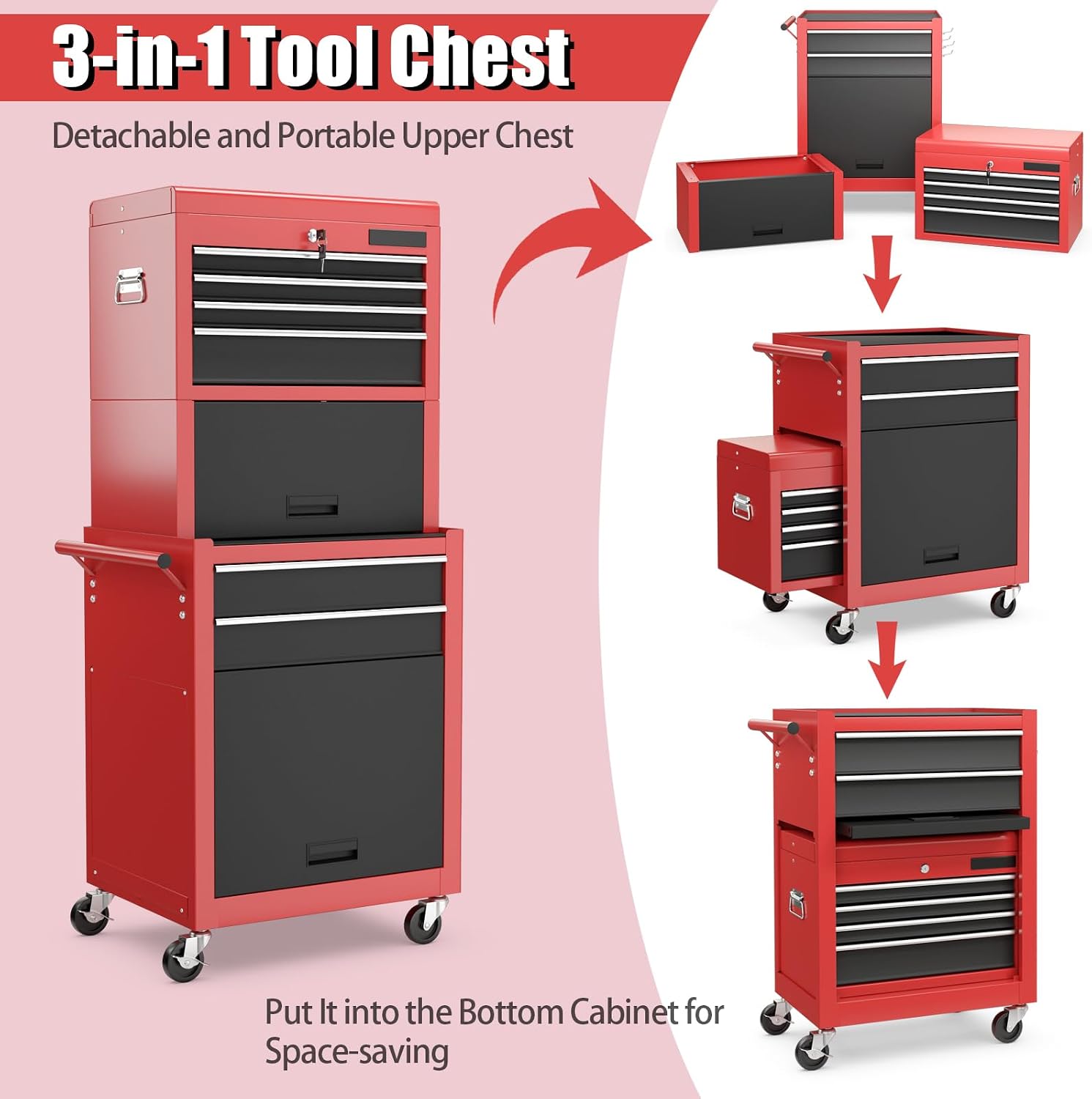 Goplus 6 Drawers Tool Chest, Rolling Metal Tool Box with Universal Wheels, Protective Liner, Detachable Top Toolbox, Auto Lock, 3-in-1 Large Tool Cabinet for Garage Shop Auto Repair