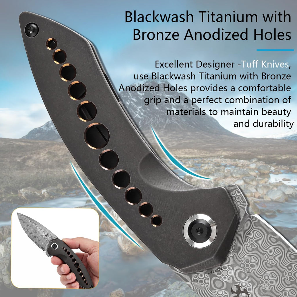 KANSEPT ODD 21 Pocket Folding Knives for Camping Hiking Folding Knife 3.06'' Damascus Blade EDC Knife with Blackwash Titanium with Bronze Anodized Handle for Men and Women Everyday Carry K1077A3