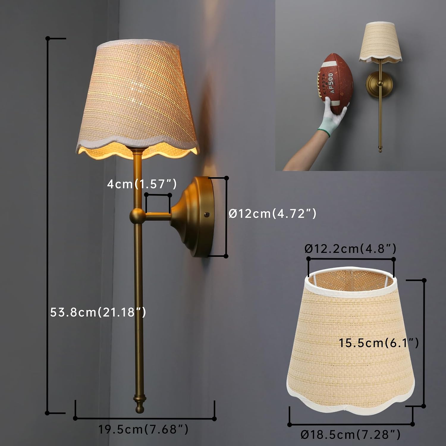 Industrial Vintage Wall Sconce Light Set of 2, Boho Rattan Shade with Long Arm Antique Brass Wall Mounted Lamp, Indoor Up and Down Wall Light Fixture for Bedroom Living Room Hallway