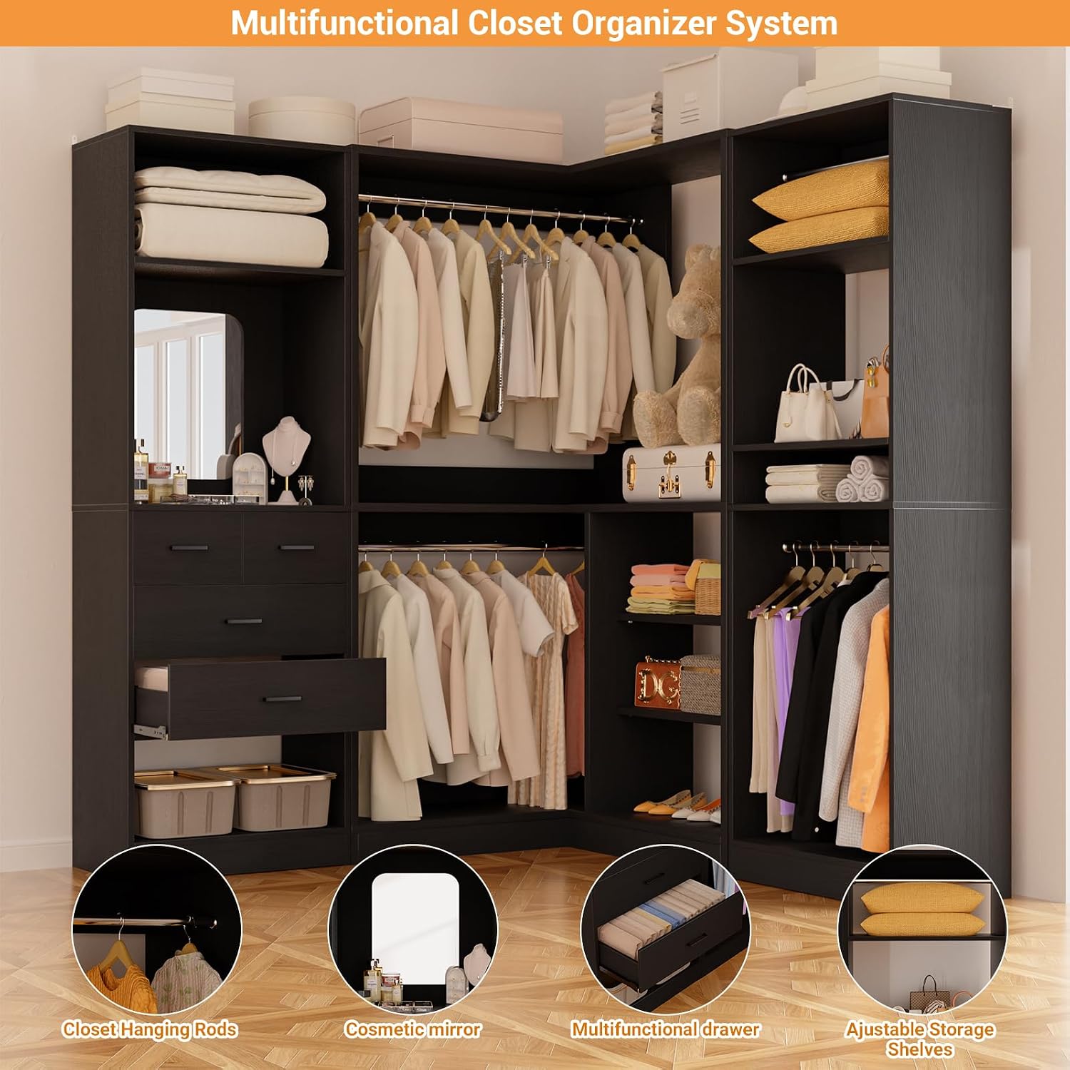 Unikito 86' Closet System, Corner Closets Organizer with Hanging Rods and Mirror, Freestanding Adjustable Clothes Garment Racks with Drawers, Sturdy Walk in Closet Kit with 3 Set Closets Tower, Black